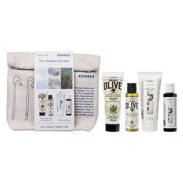 Korres The Aegean Escape Travel Kit - Περιεχόμενα με 4 προϊόντα ταξιδίου και υφασμάτινο νεσεσέρ